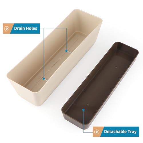 Window Box Planter with Tray, 12" Rectangle Plant Pot, Pack of 2 (Beige)