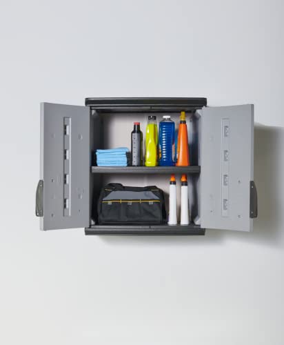 Rubbermaid Wall Mounted Storage Cabinet with Doors 150-Pound Capacity Gray Lockable Three-Shelf Cubbard for Tools/Car Accessories/Cleaning in Home/Garage/Outdoor Areas - size: Small