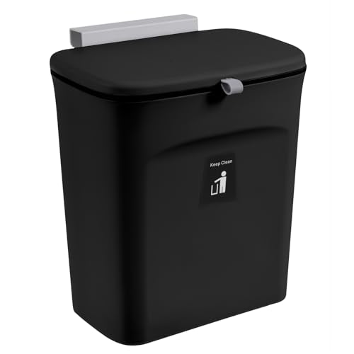 Tiyafuro 2.4 Gallon Kitchen Compost Bin for Counter Top or Under Sink, Hanging Small Trash Can with Lid for Cupboard/Bathroom/Bedroom/Office/Camping, Mountable Indoor Compost Bucket, Black - color: Black