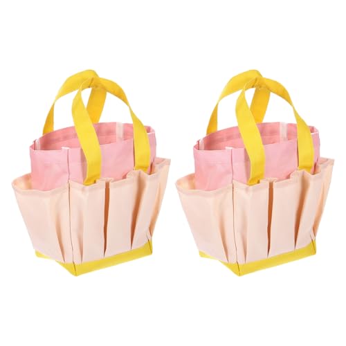 HARFINGTON 2pcs Garden Tool Bag 11.61" x 3.94" x 11.81" Large Oxford Bag with Pockets Garden Tote Bag Gardening Plant Tool Organizer Storage Carrier Store for Outdoor Women Men, Light Pink