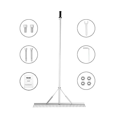 VEVOR Landscape Rake, 36" Head Aluminum Lake Weed Rake with 75" Long Handle for Loosening Soil, Lawn Care, Weeding Lake, Garden, Silver - size: 75 inch