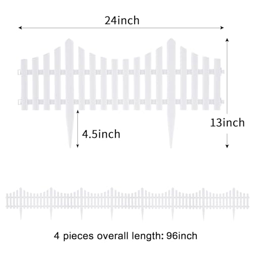 Sungmor Lightweight & Flexible Plastic White Edging Garden Picket Fence, Pack of 4 (One Piece L:24in, W:0.3in, H:13in) Above Ground Height 9.5in, Decorative Landscape Lawn Flowerbed Border Path Panel