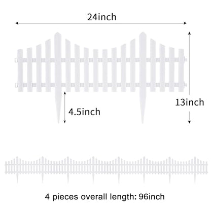 Sungmor Lightweight & Flexible Plastic White Edging Garden Picket Fence, Pack of 4 (One Piece L:24in, W:0.3in, H:13in) Above Ground Height 9.5in, Decorative Landscape Lawn Flowerbed Border Path Panel