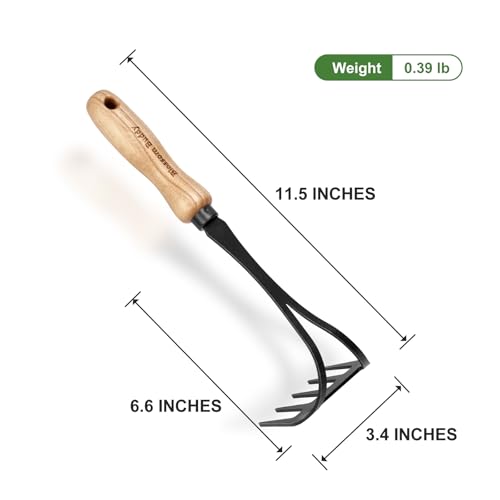 Stainless Steel Hand Rake with Wooden Handle, Garden Cultivator Tool for Soil Tilling and Weeding