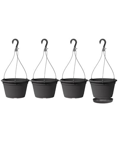 4 Pcs Hanging Planters,10" Hanging Pots Plastic Hanging Flower Plant Basket with Drainage Trays & Chain Holder for Outdoor Indoor Plants Garden Balcony Decoration, Dark Gray - color: Dark Gray