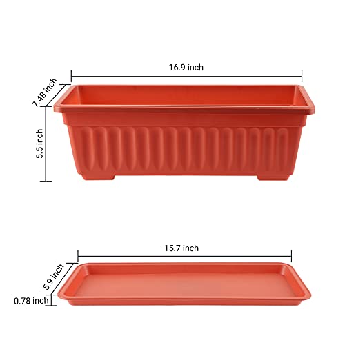 GREANER Long Planters for Outdoor Plants, 3 Pack 16.9x7.48 Inch Flower Windowsill Plastic Countryside Vegetable Box Pot with Tray for Plant Growing DIY in Garden, Balcony, Houses - Red - color: Red, size: 3pcs/16.9x7.48in