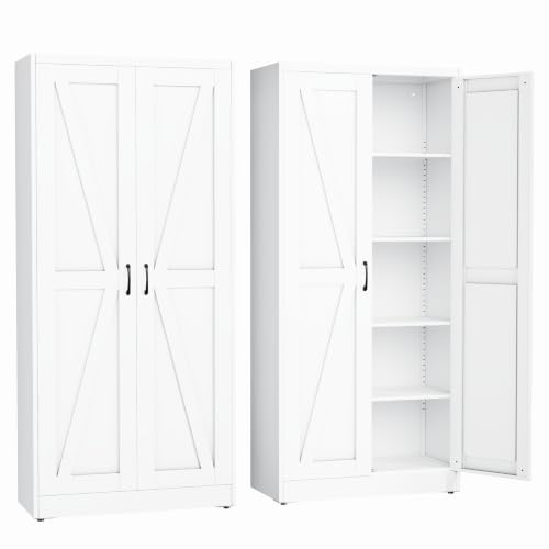erosoei 71" H Metal Garage Storage Cabinet, Black Metal Pantry Cabinet with 2 Doors, Locker Steel Cabinet with 4 Adjustable Shelves, Freestanding Cupboard for Garage,Office,Home,Gym,School - color: White, size: 71" NCasNLck-M