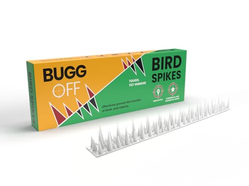 BUGGOFF - Bird & Rodent Spikes, Unique Spike Pattern effecitviely deteres Pesky Pigeons, Squirrels, Raccoons. Installs on Fences, Gates, Roofs, Walls and More! (13 Feet, White Plastic) - color: White Plastic