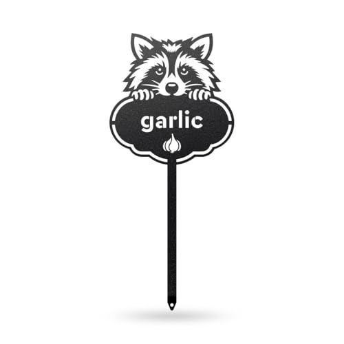 RealSteel Rocky the Raccoon Plant Markers – Cute Metal Garden Labels for Herbs & Vegetables | Outdoor Steel Plant Stakes for Garden, Greenhouse & Raised Beds | Gardening Gift | USA (GARLIC-B-6X13) - style: GARLIC