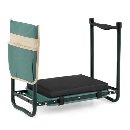 Goplus Foldable Garden Kneeler and Seat, 11" Wide 2-in-1 Gardening Bench, Detachable Thick EVA Foam Pad, 350 lbs Heavy-Duty Metal Frame, Tool Pouch, Portable Stool, Gardening Kit for Seniors (Green) - color: Green, style: With Kneeling Pad