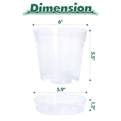 6 Inch Clear Plastic Plant Pot with Drainage Holes, Interlocking & Detachable Tray - Deep Saucer - Durable BPA-Free Plastic, Transparent Design, Raised Base for Airflow, Set of 6, 92-X-A-5 - size: 6" x 5.5"