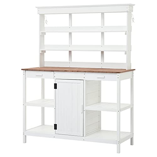66" Large Outdoor Farmhouse Wooden Potting Bench Table, Garden Workstation with 2 Drawers, Cabinet and Open Shelves for Backyard, Mudroom (white)