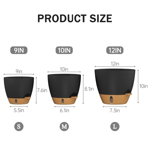 12/10/9 Inch Self Watering Pots for Indoor Outdoor Plants, Set of 3 Large Plastic Planters with Visual Water Window, Drainage Holes & Watering Lip, Modern Decorative Flower Pots (Black) - color: Black, size: 9/10/12 Inch