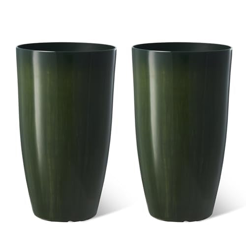 Glitzhome 23.5" H Large Tall Planter for Outdoor Plants,Set of 2 Plastic Tall Planters with Drainage Holes,Round Tapered Faux Ceramic Gradient Green Flower Tree Pots for Porch Patio Indoor Outdoor - color: Gradient Green, size: 23.5" H