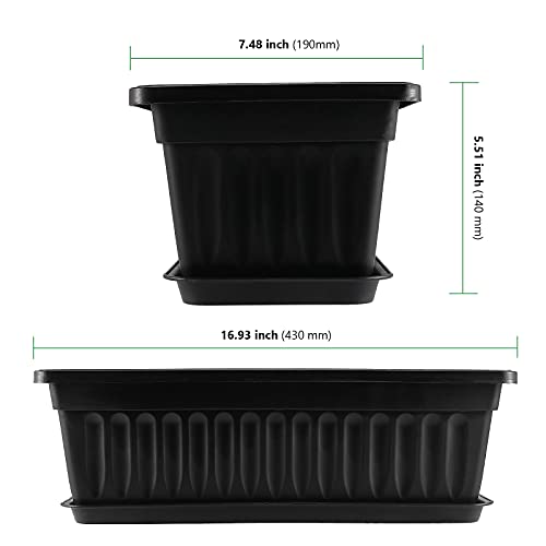 HAKZEON 6 Pack 17 Inches Plastic Flower Box Planters with Trays, Countryside Flower Window Boxes with 30 Plant Labels, Black Rectangular Vegetable Planters for Windowsill, Porch, Balcony, Garden - color: Black