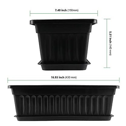 HAKZEON 6 Pack 17 Inches Plastic Flower Box Planters with Trays, Countryside Flower Window Boxes with 30 Plant Labels, Black Rectangular Vegetable Planters for Windowsill, Porch, Balcony, Garden - color: Black