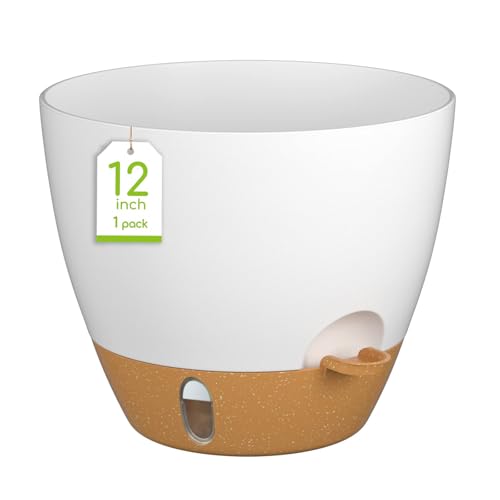 12 Inch Self Watering Pot for Indoor Outdoor Plants, Large Plastic Planter with Visual Water Window, Drainage Holes & Watering Lip, Modern Decorative Flower Pot (White) - color: White, size: 12 Inch