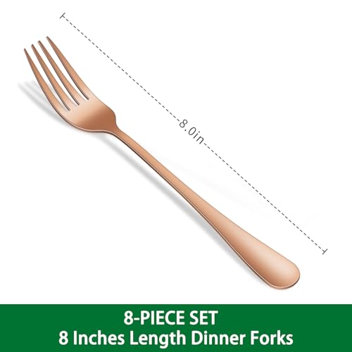 Dinner Forks Set, 8-Piece Rose Gold Stainless Steel Silverware Forks For Kitchen, 8 Inch Mirror Finishing Metal Forks - color: Rose Gold