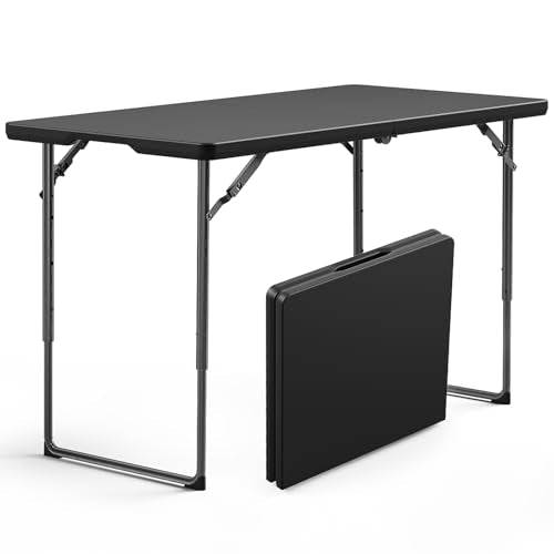Folding Table, 4FT Foldable Picnic Table with Adjustable Height, Heavy Duty Fold-in-Half Portable Table for Weddings, Camping, RV Travel, Parties, BBQs, and Indoor Use, Easy to Fold and Store - color: Black, size: 4FT