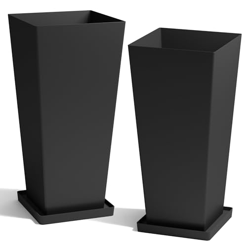 Worth Garden Large 28 in.Tall Planters Set of 2 for Indoor and Outdoor, Heavy Duty Plastic Black Modern Taper Flower Plant Pots with Drainage Hole and Dual-Purpose Tray for Front Porch, Patio - color: Black