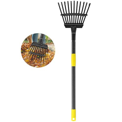 Oliynedy Leaf Rake for Gardening, Adjustable Metal Garden Rake for Leaves Long Handle 30-70", 11 Tines 9" Wide Small Lawn Collapsible Yard Adult Kids Rake for Camping Flower Beds Mulch Shrub - style: 30-70