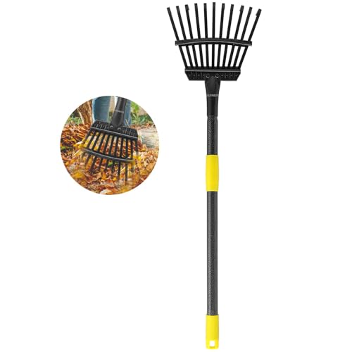 Oliynedy Leaf Rake for Gardening, Adjustable Metal Garden Rake for Leaves Long Handle 30-70", 11 Tines 9" Wide Small Lawn Collapsible Yard Adult Kids Rake for Camping Flower Beds Mulch Shrub - style: 30-70