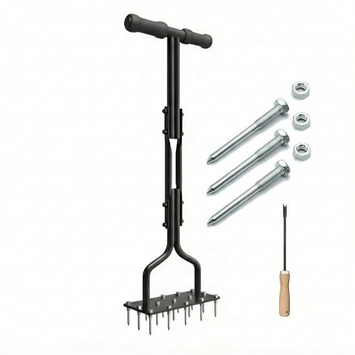 Lawn Aerator Tool with 15 Thicker Spikes, Manual Grass Aerator for Yard Care, Includes 3 Spare Spikes, Weldless U-Shaped Handle, 36 Inch(Black)