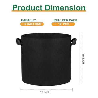 JERIA 12-Pack 5 Gallon Grow Bags, 300G Thickened Nonwoven Garden Pots,Heavy Duty Fabric Pots with Reinforced Handles - size: 5 Gallons