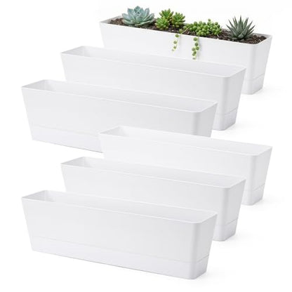 GREANER Long Window Boxes Planters, 6 Pack 16x3.8 Inch Vegetable Box Pot with Tray, Indoor Succulent Cactus Flowers Plastic Rectangle Pot for Balcony, Office, Garden, Outdoor, Windowsill - White - size: 6Packs/16x3.8in