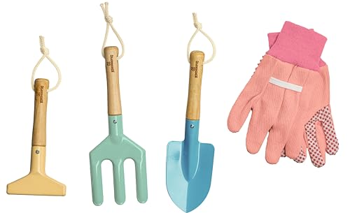 Gardening Set, Tool Kit, for Kids, STEM, Includes Tote Bag, Spade, Watering Can, Rake, Fork, Trowel and Gloves (Petal) - color: Petal