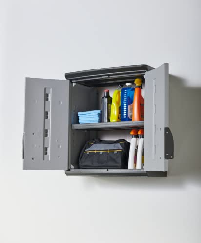 Rubbermaid Wall Mounted Storage Cabinet with Doors 150-Pound Capacity Gray Lockable Three-Shelf Cubbard for Tools/Car Accessories/Cleaning in Home/Garage/Outdoor Areas - size: Small