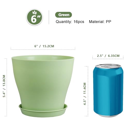 Meowell 6 inch Plastic Nursery Pots,16 Pack Plant Pots for Small Indoor Outdoor Plants, Flower Pots with Drainage Holes and Saucers, Decorative Seedling Starter Planters for House Plants, Green - color: Green, size: 6inch B 16pcs