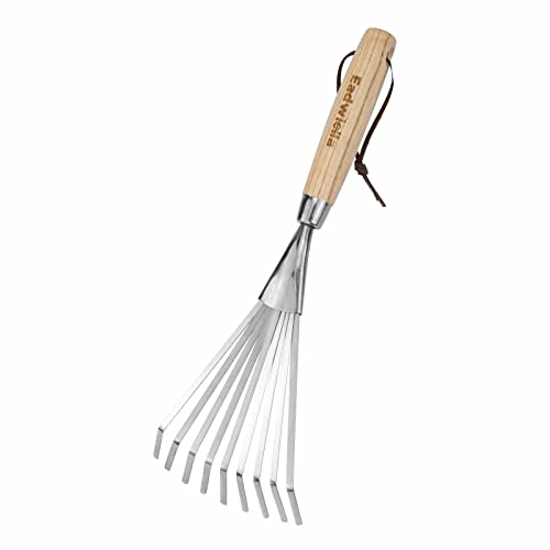 Hand Cultivator with 9-Teeth Rake - 14.4 Inch for Garden Bed Cultivating Soil, Weeding, Raking Leaves, Levelling Gravel - Solid Wood Handle