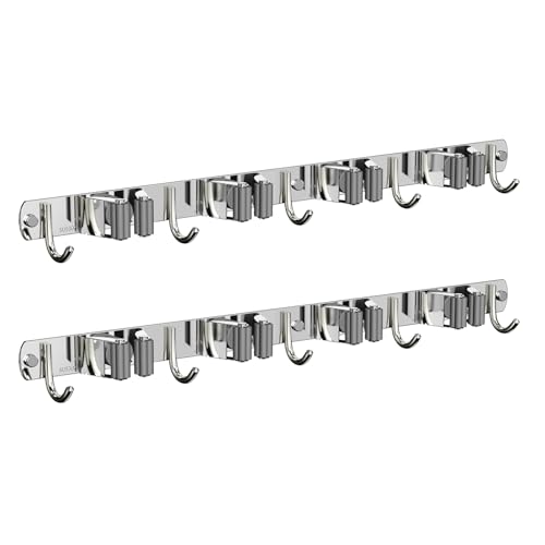 2 Pack Mop and Broom Holder Wall Mount for Kitchen Garage Laundry Room - color: Silver, size: 2 Pack 4 Racks with 5 Hooks