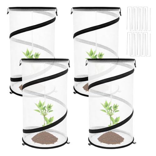 Hoypeyfiy 4 Pcs Pop Up Insect & Bird Barrier Plant Cover Net, 24"x12" Round Foldable Mesh Protector, Garden Cage Guard with Stakes & Carry Bag, Keep Animals & Birds Out for Vegetables and Flowers