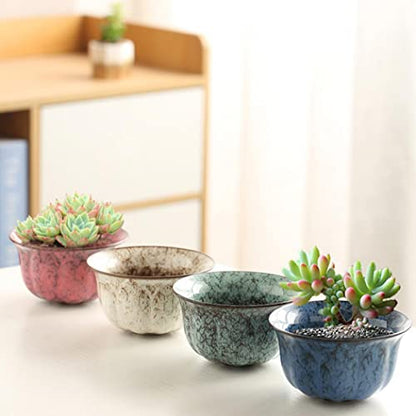 YYW 3 Inch Ceramic Plant Pot Set of 4 with Drainage and Bamboo Tray(Set 3) - color: Set 3, size: One Size