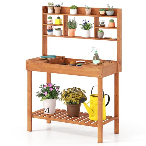 Happygrill Wooden Potting Bench Table, 61" Garden Workstation with Storage - color: Brown, size: 43" x 20" x 61"