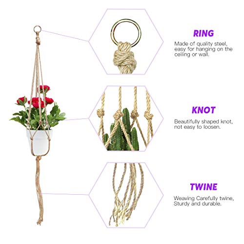 Swpeet 6 Pack 3 Sizes Macrame Hanging Planter Holder Plant Hanger with 6 Pack 2.9 Inch Ceiling Cup Hooks Kit, Hanging Planter Basket Rope Holder for Indoor Outdoor Decorations Beautiful Hanging