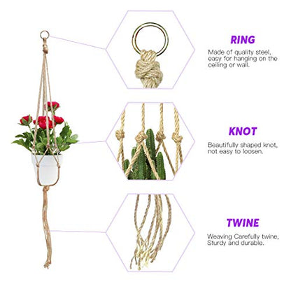 Swpeet 6 Pack 3 Sizes Macrame Hanging Planter Holder Plant Hanger with 6 Pack 2.9 Inch Ceiling Cup Hooks Kit, Hanging Planter Basket Rope Holder for Indoor Outdoor Decorations Beautiful Hanging