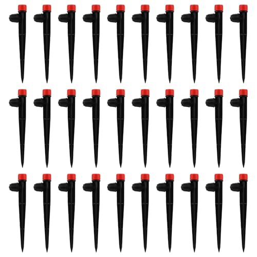 30 PCS Drip Irrigation Emitters with Stakes, 1/4 in Push-to-Connect Drippers, Adjustable 360° Water Output for Garden and Plant Watering(Color:Red) - color: Red