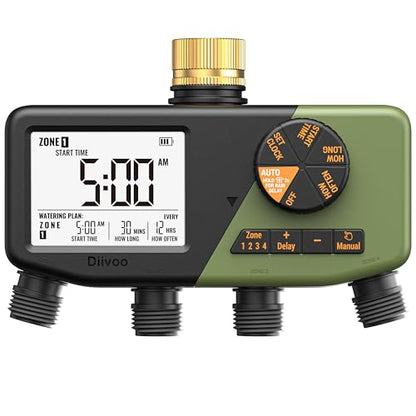 Diivoo 4 Zone Sprinkler Timer with IP68 Waterproof & Large Display - size: 4 Outlets