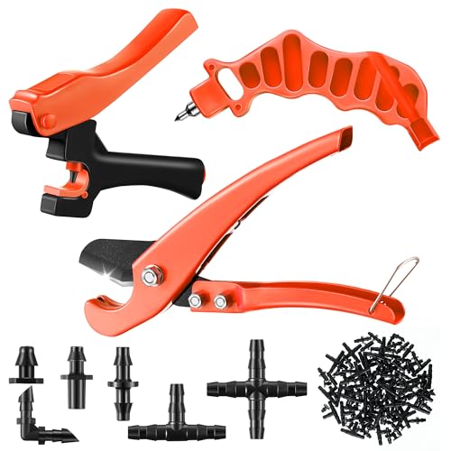 Feekoon Drip Irrigation Hole Punch Tool, 2 in 1 Drip Tubing Punch and Fitting Insertion Tool for 1/4 Inch Emitters, 16 20 25mm PE Pipe, Garden Repair(Orange,115 Irrigation Plugs) - color: Orange