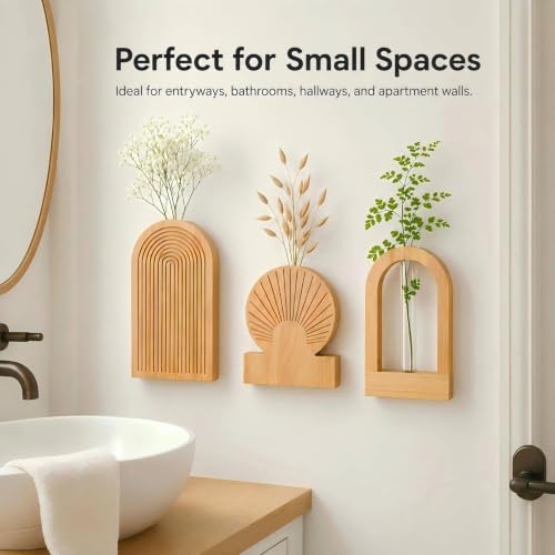 TBWIND Wooden Wall Vases Set of 3, Wall Planters with Glass Tube Kit - color: Natural