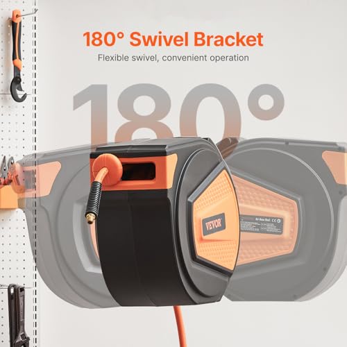 VEVOR Retractable Air Hose Reel, 3/8IN x 65FT Hybrid Air Hose Max 300PSI, Air Compressor Hose Reel Auto-Rewind with 6.6 FT Lead in, Ceiling/Wall Mount Enclosed PP Reel & Built-in 180° Swivel Bracket - size: 3/8IN x 65FT