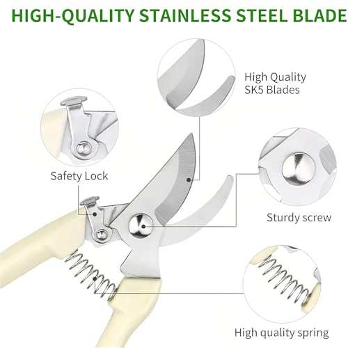 2 PACK Pruning Shears, Stainless Steel Garden Shears, Sharp Handhled Gardening Scissors, Bypass & Straight Blade Garden Clippers for Plants, Flowers, Fruits Trees, Gardening Gifts -White - color: White