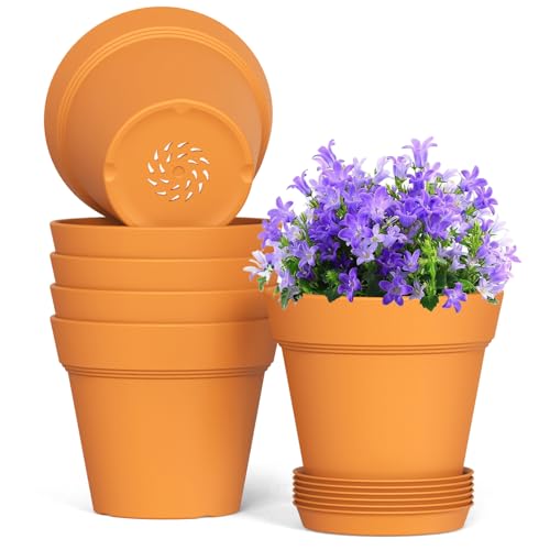 WSMKSZ 5 Inch Plastic Plant Pots with Drainage Holes and Trays – 6 Pack Small Nursery Pots for Indoor & Outdoor House Plants and Flowers, Seedling Starter Planters, Terracotta - color: Terracotta, size: 5in 6pcs