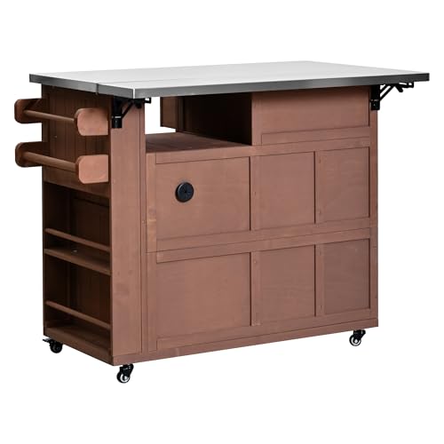 GDFStudio Winford Patio Kitchen Island Cart with Extendable Top, Wooden Outdoor Storage Cabinet with Stainless Steel BBQ Prep Table Top, Drawers, Spice Rack and Lockable Wheels, Potting Bench, Brown - color: Brown