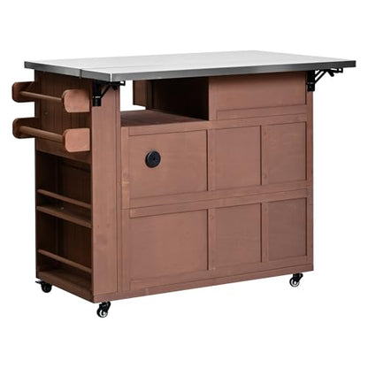 GDFStudio Winford Patio Kitchen Island Cart with Extendable Top, Wooden Outdoor Storage Cabinet with Stainless Steel BBQ Prep Table Top, Drawers, Spice Rack and Lockable Wheels, Potting Bench, Brown - color: Brown