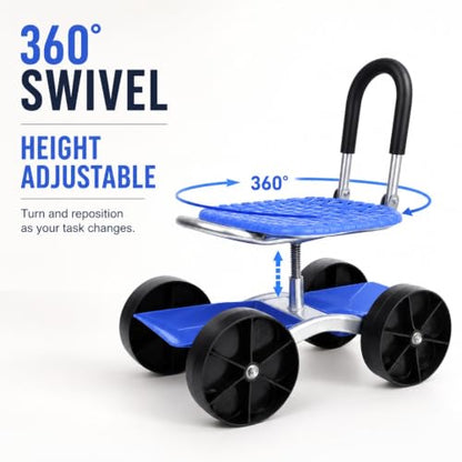 Rolling Garden Seat with Wheels, 360° Swivel Adjustable Gardening Stool - color: Blue