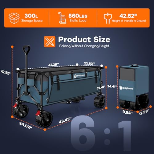 Originsure 300L Beach Wagon Cart Foldable with Big Wheels,560lbs,Grey&Blue - color: Grey&blue